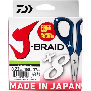 Шнур DAIWA J-Braid X8E-W/SC 0,22мм 150м chartreuse + ножницы